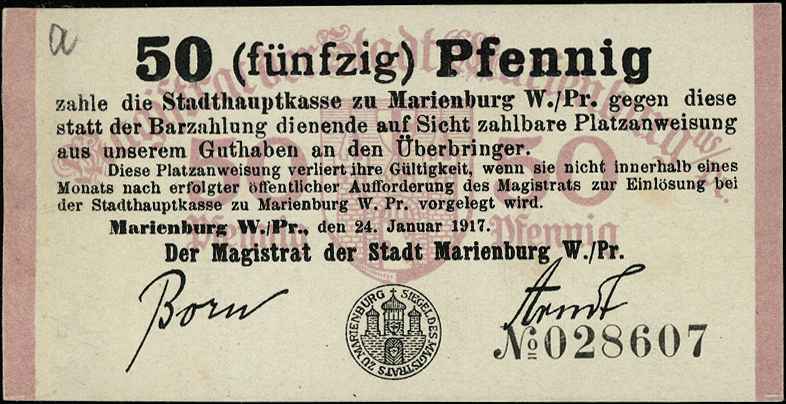 Malbork /Marienburg/, 50 fenigów 24.01.1917, Grabowski M9.1.c i M9.2.c, 2 różne egzemplarze, razem 2 sztuki