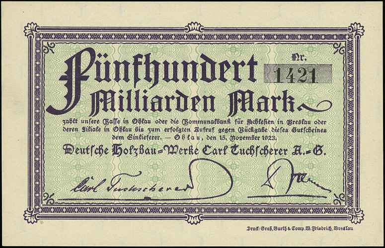 Oława /Ohlau/, Deutsche Holzbau-Werke Carl Tuchscherer AG, 500 miliardów marek 15.11.1923, Keller 4145.c, piękne