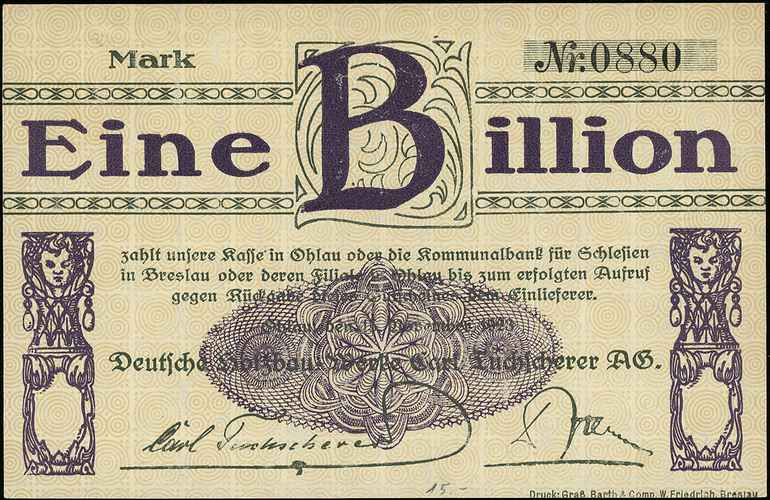 Oława /Ohlau/, Deutsche Holzbau-Werke Carl Tuchscherer AG, bon na 1 bilion marek 15.11.1923, Keller 4145.c
