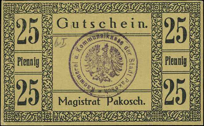 Pakość /Pakosch/, 2 x 25 i 1 x 50 fenigów 10.01.1917, Grabowski P2.2.b,d,f, Podczaski P-131.1.f,j, P-131.2.a, łącznie 3 sztuki