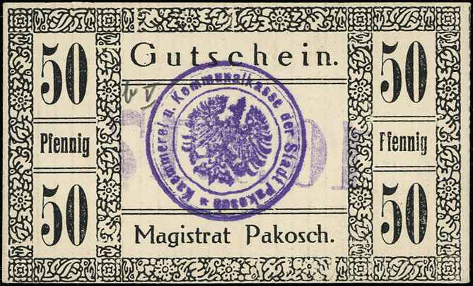 Pakość /Pakosch/, 2 x 25 i 1 x 50 fenigów 10.01.1917, Grabowski P2.2.b,d,f, Podczaski P-131.1.f,j, P-131.2.a, łącznie 3 sztuki
