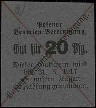 Poznań /Posen/, Posener Beamten-Vereinigung, 10, 20 i 50 fenigów ważne do 31.03.1917 oraz 1, 5, 10 i 50 fenigów 1.04.1917, Podczaski P-159.A.1.b, 2.b, 3.b, P-159.B.1.b, 2.b, 3.d, 4.b, łącznie 7 sztuk