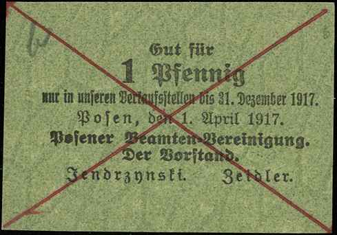 Poznań /Posen/, Posener Beamten-Vereinigung, 10, 20 i 50 fenigów ważne do 31.03.1917 oraz 1, 5, 10 i 50 fenigów 1.04.1917, Podczaski P-159.A.1.b, 2.b, 3.b, P-159.B.1.b, 2.b, 3.d, 4.b, łącznie 7 sztuk