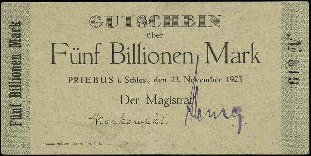 Przewóz /Priebus i. Schles./, bon na 5 bilionów marek 23.11.1923, Keller 4382, bardzo rzadkie