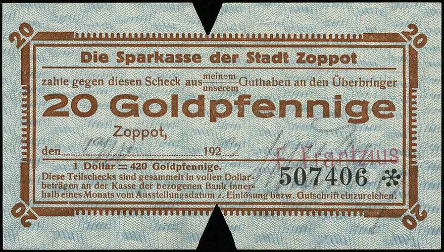 Sopot /Zoppot/, Sparkasse der Stadt, 20 goldfenigów, niewyraźnie wypełniony blankiet, 2 nacięcia, pieczęć E. Frantzius, Keller 434.a, Podczaski WD-126.A.1.b, bardzo rzadkie
