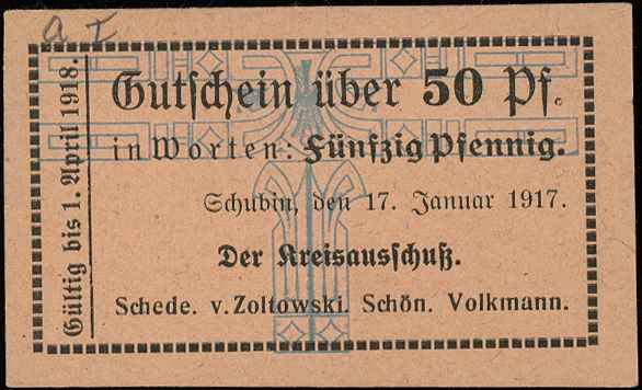 Szubin /Schubin/, 10 i 50 fenigów 17.01.1917 ora