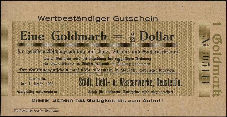 Szczecinek /Neustettin/, Städt. Licht- u. Wasserwerke, 1, 2, 5, 10 i 50 goldmarek 1.12.1923, Keller 333, łącznie 5 sztuk, rzadkie
