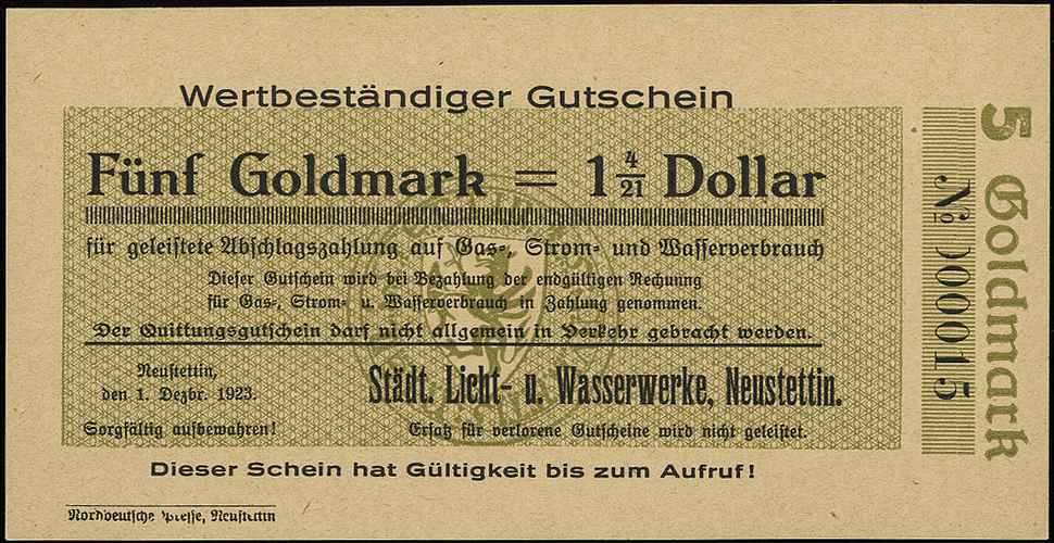 Szczecinek /Neustettin/, Städt. Licht- u. Wasserwerke, 1, 2, 5, 10 i 50 goldmarek 1.12.1923, Keller 333, łącznie 5 sztuk, rzadkie