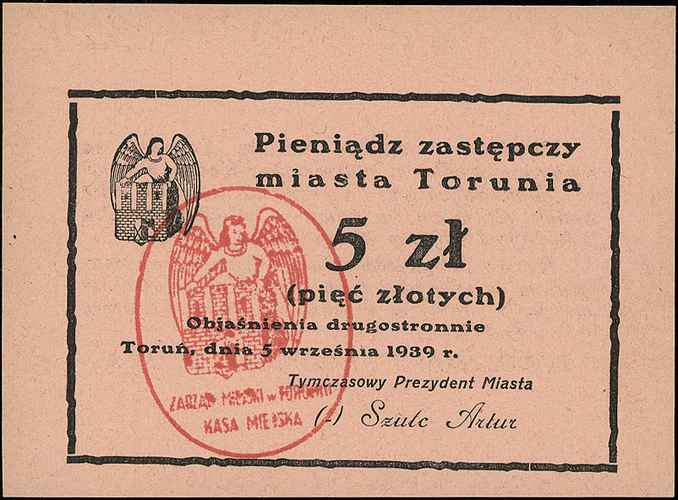 Toruń, 1 i 5 złotych 5.09.1939, Jabł. 4266 i 426