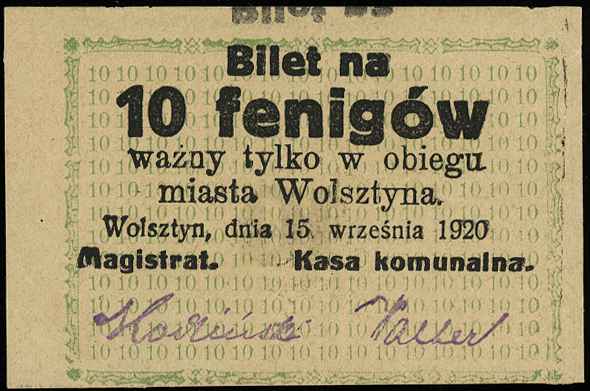 Wolsztyn /Wollstein/, 1 marka 24.09.1919 i 10 fenigów 15.09.1920, Podczaski P-231.G.1.d, P-231.H.1, łącznie 2 sztuki