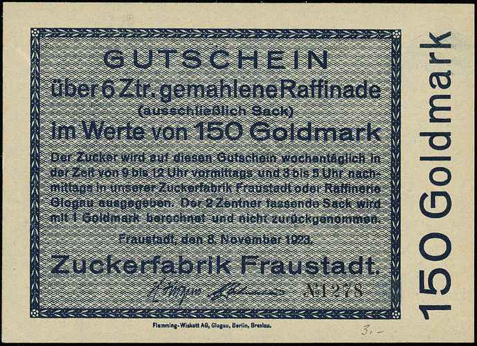 Wschowa /Fraustadt/, Zuckerfabrik Fraustadt, 150 goldmarek, 8.11.1923, Keller 170.a, rzadkie i pięknie zachowane
