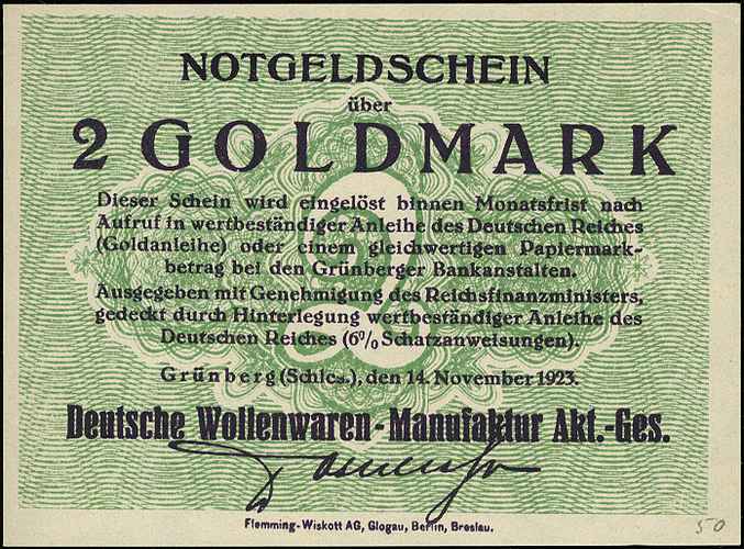Zielona Góra /Grünberg (Schles.)/, Deutsche Wallenwaren -Manufaktur Akt.Ges., 10 i 50 goldfenigów, 1, 2 i 5 goldmarek 11.11.1923 oraz 30 goldfenigów = 1/2 funta margaryny i 60 goldfenigów = 1 funt margaryny 24.10.1923, Keller 194.a,b, łącznie 7 sztuk, rzadkie i pięknie zachowane