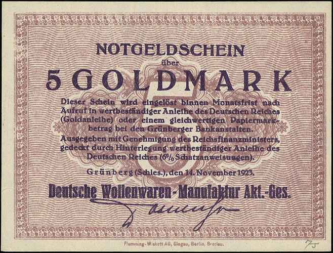 Zielona Góra /Grünberg (Schles.)/, Deutsche Wallenwaren -Manufaktur Akt.Ges., 10 i 50 goldfenigów, 1, 2 i 5 goldmarek 11.11.1923 oraz 30 goldfenigów = 1/2 funta margaryny i 60 goldfenigów = 1 funt margaryny 24.10.1923, Keller 194.a,b, łącznie 7 sztuk, rzadkie i pięknie zachowane