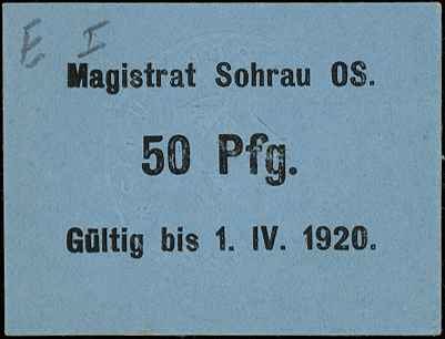 Żory /Sohrau OS./, zestaw 5 x 50 fenigów, ważne do 1.10.1918 (1x) i 1.04.1920 (4x), Grabowski S83.2, S.83.4b, 5b, 6b, 7b, razem 5 różnych sztuk