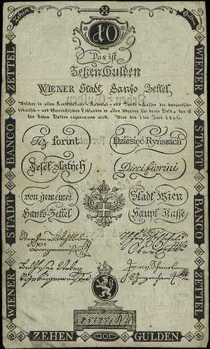 Wiener Stadt Banco Zettel, 10 guldenów = 10 ryńskich 1.06.1806, Pick A39, dość ładnie zachowane, poszukiwany banknot z powodu zapisu waluty w kilku językach, w tym w języku polskim