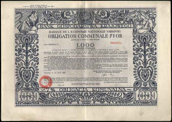 Bank Gospodarstwa Krajowego, 7% obligacja komunalna w złocie na 1.000 franków francuskich = 349.247 złotych, 2 emisja, 1.04.1930 r, piękna dekoracyjna grafika Zofii Stryjeńskiej