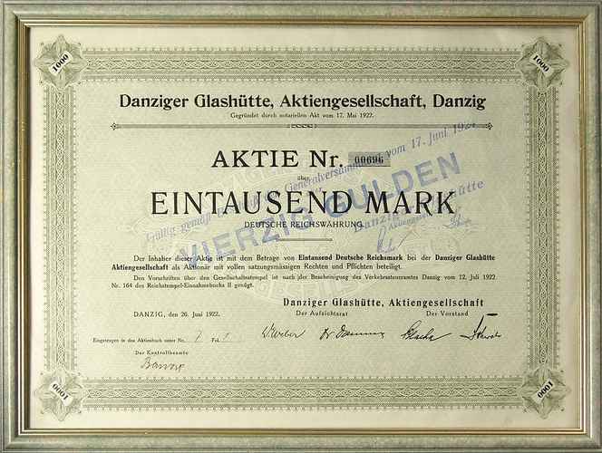 Danziger Glashütte Aktiengesellschaft, akcja na 1.000 marek, Gdańsk 26.06.1922, przedruk z 17.06.1924 w kolorze niebieskim na kwotę 40 guldenów, bez kuponów, całość w ramce za szkłem, ładnie zachowana