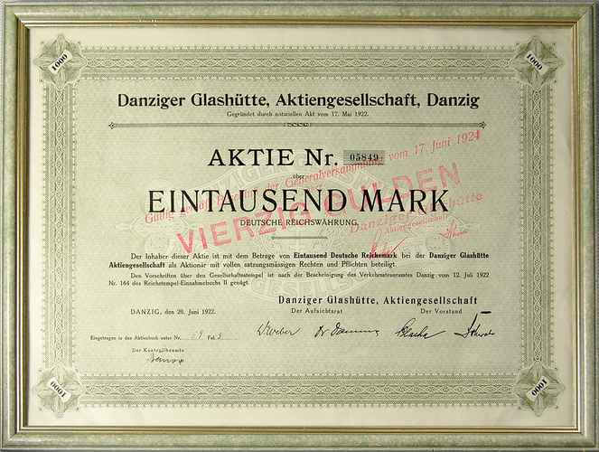 Danziger Glashütte Aktiengesellschaft, akcja na 1.000 marek, Gdańsk 26.06.1922, przedruk z 17.06.1924 w kolorze czerwonym na kwotę 40 guldenów, bez kuponów, całość w ramce za szkłem, pięknie zachowana