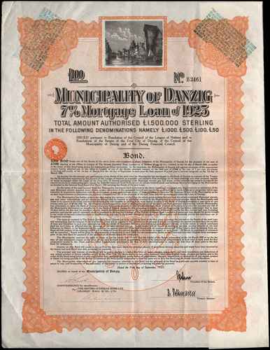 Municipality of Danzig /Magistrat Gdańska/, 7% pożyczka na 100 funtów, Londyn 1.09.1925, z 10 kuponami, bardzo rzadka, z ładnym widokiem Gdańska