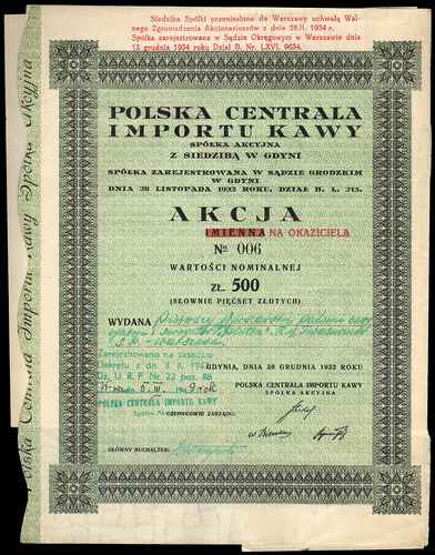 Polska Centrala Importu Kawy Spółka Akcyjna, akcja na okaziciela na 500 złotych, Gdynia 30.12.1933, z kuponami na lata 1935-1939 i 1944-1952
