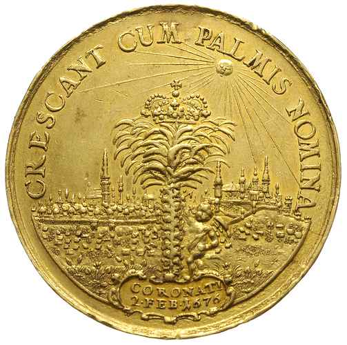 Jan III Sobieski, -medal autorstwa Jana Höhna jun. wybity z okazji koronacji Jana III i małżonki w 1676 r., Aw: Popiersia zwrócone w prawo, na ramieniu sygn. I.H., Rw: Palma z koroną królewską na tle Krakowa, u góry napis CRESCANT CUM PALMIS NOMINA, u dołu w kartuszu CORONATI 2 FEB 1676, złoto 52.06 g, 47 mm, H-Cz. 5941 (R4), Racz. 207, piękny i rzadki medal, bardzo ładnie zachowany