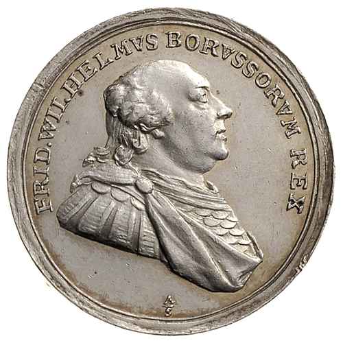 PRUSY, Fryderyk Wilhelm II, -medal sygnowany ABRAHAMSON, wybity w 1793 r., dla uczczenia hołdu złożonego przez Prusy Południowe Fryderykowi Wilhelmowi II, Aw: Popiersie króla w prawo i napis wokoło FRID WILHELMVS BORVSSORVM REX, Rw: Orzeł pruski z głową w lewo, powyżej napis VOBIS QVOQVE PATER, poniżej w odcinku BORVSS MERIDION / FID PRAEST / MDCCLXXXXIII, srebro 7.19 g, 27.5 mm, Hoffmann 85 (R), rzadki