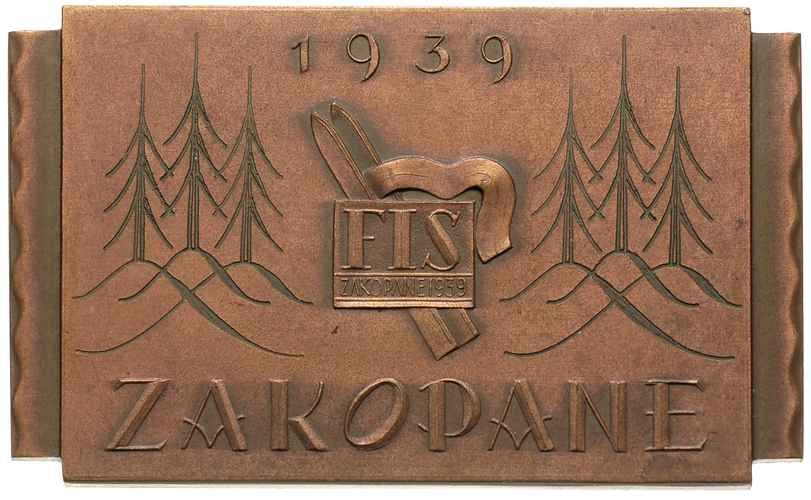 plakieta z Zawodów Narciarskich, Zakopane 1939, niesygnowana, miedź 74.5 x 44.0 mm, w pudełku firmy Stanisława Reisinga z Krakowa
