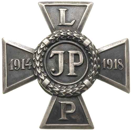 odznaka pamiątkowa Związku Polskich Legionistów -Krzyż Legionowy 1923, ustanowiona na I Zjeździe Legionistów w Krakowie, krzyż z blachy srebrnej ciemno oksydowanej, 41 x 41 mm, na stronie odwrotnej punca państwowa srebra \2\" i inicjały KH