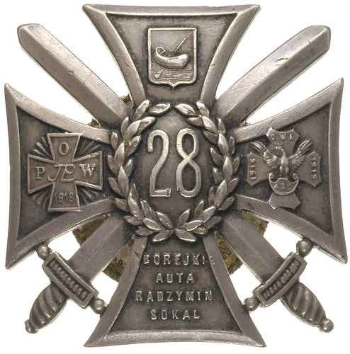 odznaka pamiątkowa 28 Pułku Strzelców Kaniowskich Łódź, jednoczęściowa, żołnierska, srebro 42.5 x 42.5 mm, na stronie odwrotnej państwowa próba srebra \2\" i imiennik wytwórcy WG