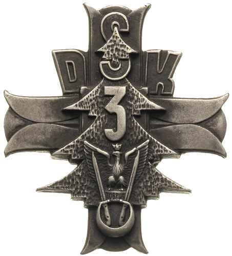 odznaka pamiątkowa 3 Dywizji Strzelców Karpackich, srebro 43.0 x 39.5 mm, na stronie odwrotnej dewiza WIARA-WYTRWAŁOŚĆ-ZWYCIĘSTWO i punca srebra 800, nakrętka sygnowana literą M, Sawicki-Wielechowski s. 488, patyna