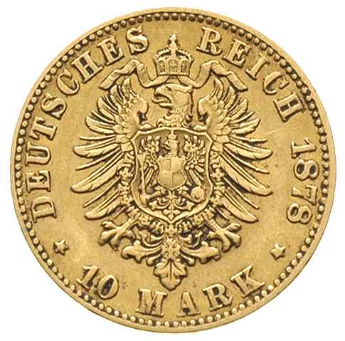 Hesja, Ludwik IV 1877-1892, 10 marek 1878 / H, Darmstadt, złoto 3.93 g, J. 219