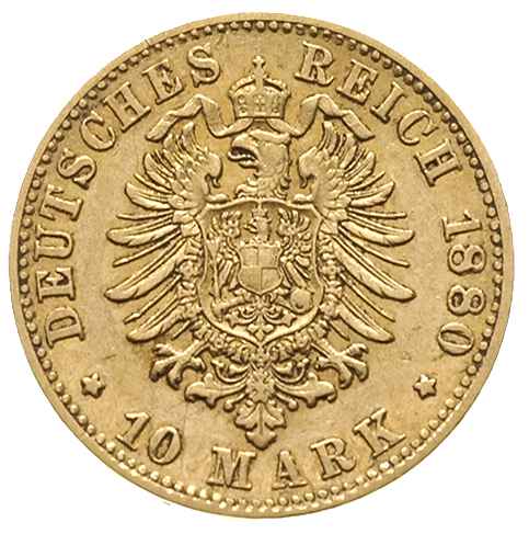 Hesja, Ludwik IV 1877-1892, 10 marek 1880 / H, Darmstadt, złoto 3.93 g, J. 219