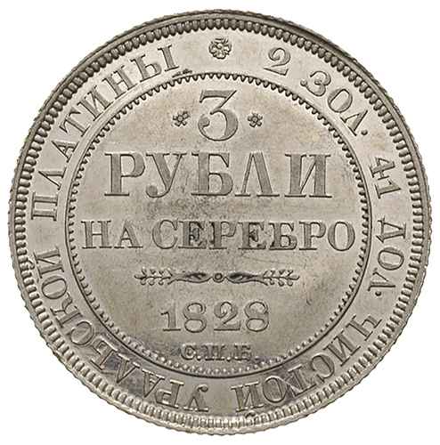 3 ruble 1828 / СПБ, Petersburg, platyna 10.32 g, Bitkin 73 (R1), wybite stemplem lustrzanym, ale lekko wytarte tło, pięknie zachowane, wspaniałe lustro, bardzo rzadkie