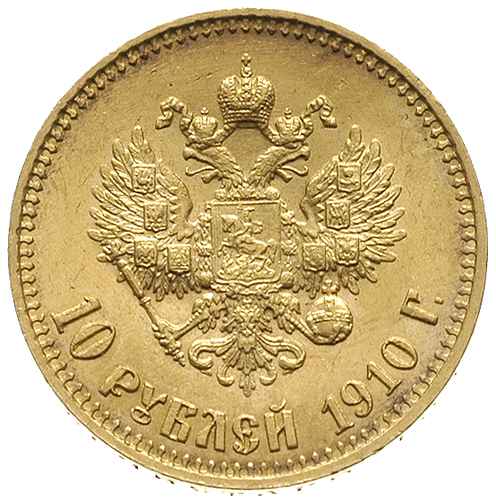 10 rubli 1910 / ЭБ, Petersburg, złoto 8.60 g, Kazakov 376, rzadkie i pięknie zachowane