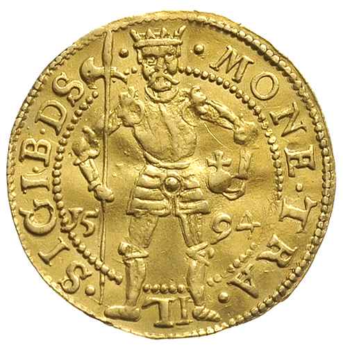 Zygmunt Batory 1581-1602, dukat 1594, Hermannstadt, złoto 3.45 g, Fb. 295, Resch 156, lekko gięty, ale bardzo ładnie zachowany