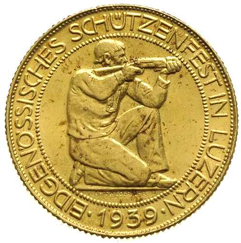 Konfederacja, 100 franków 1939, Zawody strzeleckie w Lucernie, złoto 17.48 g, Fb. 506, niewielkie przebarwienia, piękny egzemplarz