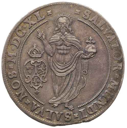 Krystyna 1632-1654, talar 1640, Sztokholm, srebro 28.27 g, AAH 11, wybite na krążku z krawędzi blachy, bardzo ładny, patyna, rzadki w tym stanie zachowania