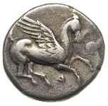 Koryntia, Korynt, stater z kontrmarką 400-338 pne, Aw: Pegaz z rozpostartymi skrzydłami lecący w p..