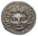 L. Plautius Plancus 47 pne, denar, Rzym, Aw: Głowa Meduzy na wprost z wężami wplecionymi we włosy,..