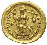 Honoriusz 393-423, solidus ok. 408-420, Konstantynopol, oficyna B, Aw: Popiersie cesarza trzymając..