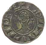 ANTIOCHIA, Bohemud III 1149-1163, denar, typ z hełmem, Aw: Popiersie w hełmie w lewo, w polu * i o..