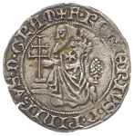 RODOS, Zakon Joanitów, Roger de Pins 1355-1365, gigliato, Aw: Zakonnik klęczący w lewo przed krzyż..