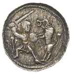 Władysław Wygnaniec 1138-1146, denar, Aw: Książę na tronie, obok giermek, Rw: Rycerz walczący ze l..