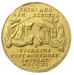 dukat wikariacki 1711, Drezno, Aw: Król na koniu, Rw: Dwa stoły z insygniami, złoto 3.48 g, Kahnt ..