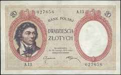 20 złotych 28.02.1919, seria A.13 027656, Miłczak 51b, Lucow 579 (R7), banknot nie gięty, ale wido..