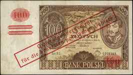 100 złotych 9.11.1934, seria BS., z nadrukiem Generalnej Gubernii, Miłczak 90a, Lucow 762 (R4), rz..