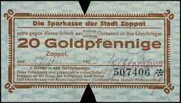 Sopot /Zoppot/, Sparkasse der Stadt, 20 goldfenigów, niewyraźnie wypełniony blankiet, 2 nacięcia, ..
