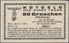 Toruń, 50 groszy, 1 i 5 złotych 9.09.1939, Jabł. 4268, 4269 i 4270, razem 3 sztuki, bardzo rzadkie..