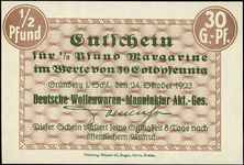 Zielona Góra /Grünberg (Schles.)/, Deutsche Wallenwaren -Manufaktur Akt.Ges., 10 i 50 goldfenigów,..
