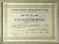 Danziger Glashütte Aktiengesellschaft, akcja na 1.000 marek, Gdańsk 26.06.1922, przedruk z 17.06.1..